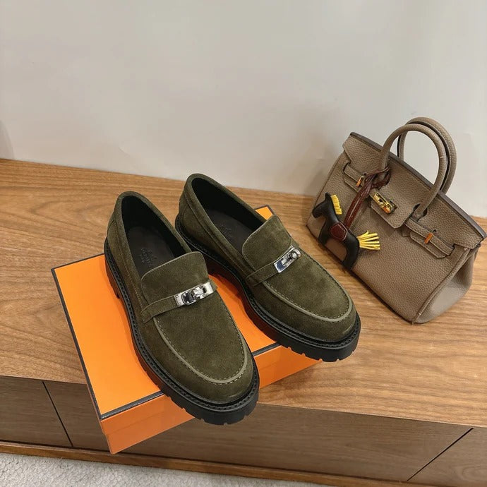 Hm 26SS Loafers Olive Green Suede Sliver Buckle 638432