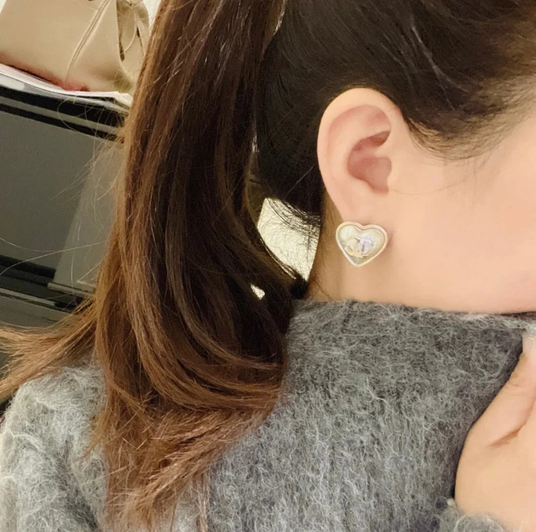 Double C Heart Gold Mop Earrings