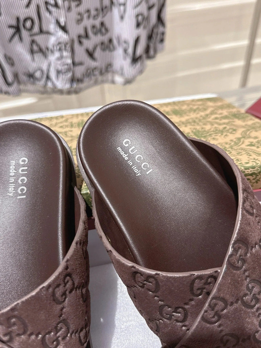GG Slides In Dark Brown Suede With Embossed Logo Style 8