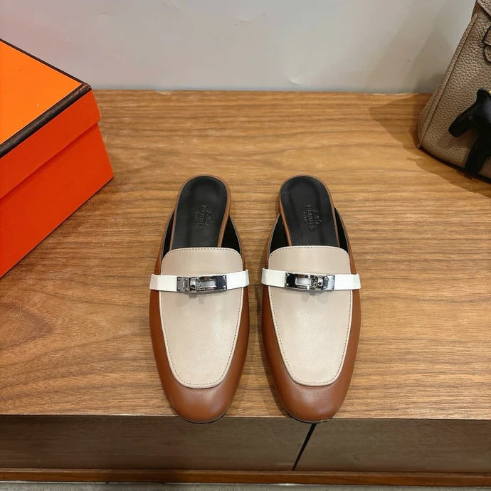 Hm 26SS Mule Beige Brown Calfskin Sliver Buckle 638470