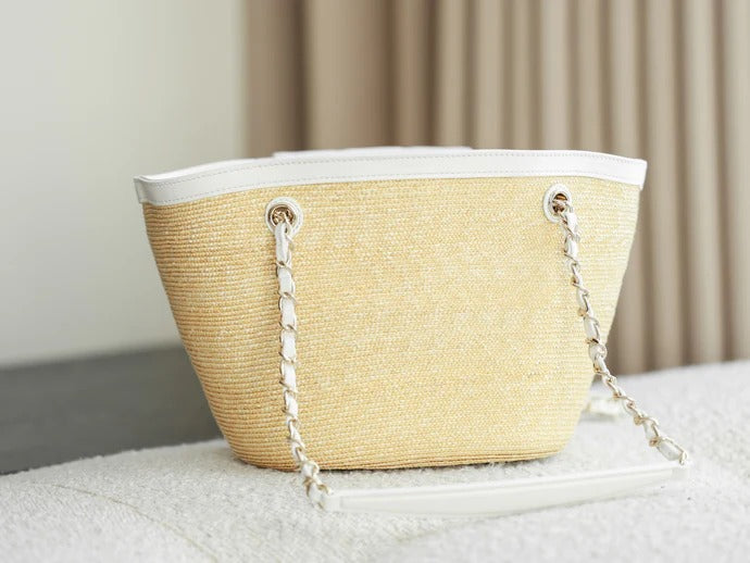 Chanel 2026 Shopping Bag 40CM Beige White Straw Lambskin