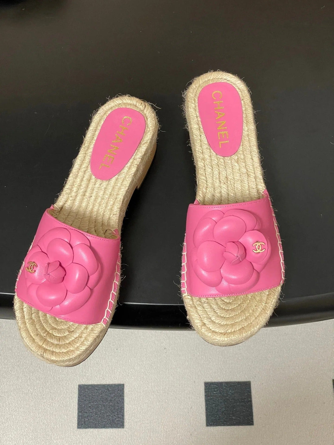 CC 26S Camellia Slippers Beige Pink Rope Smooth Leather 649398
