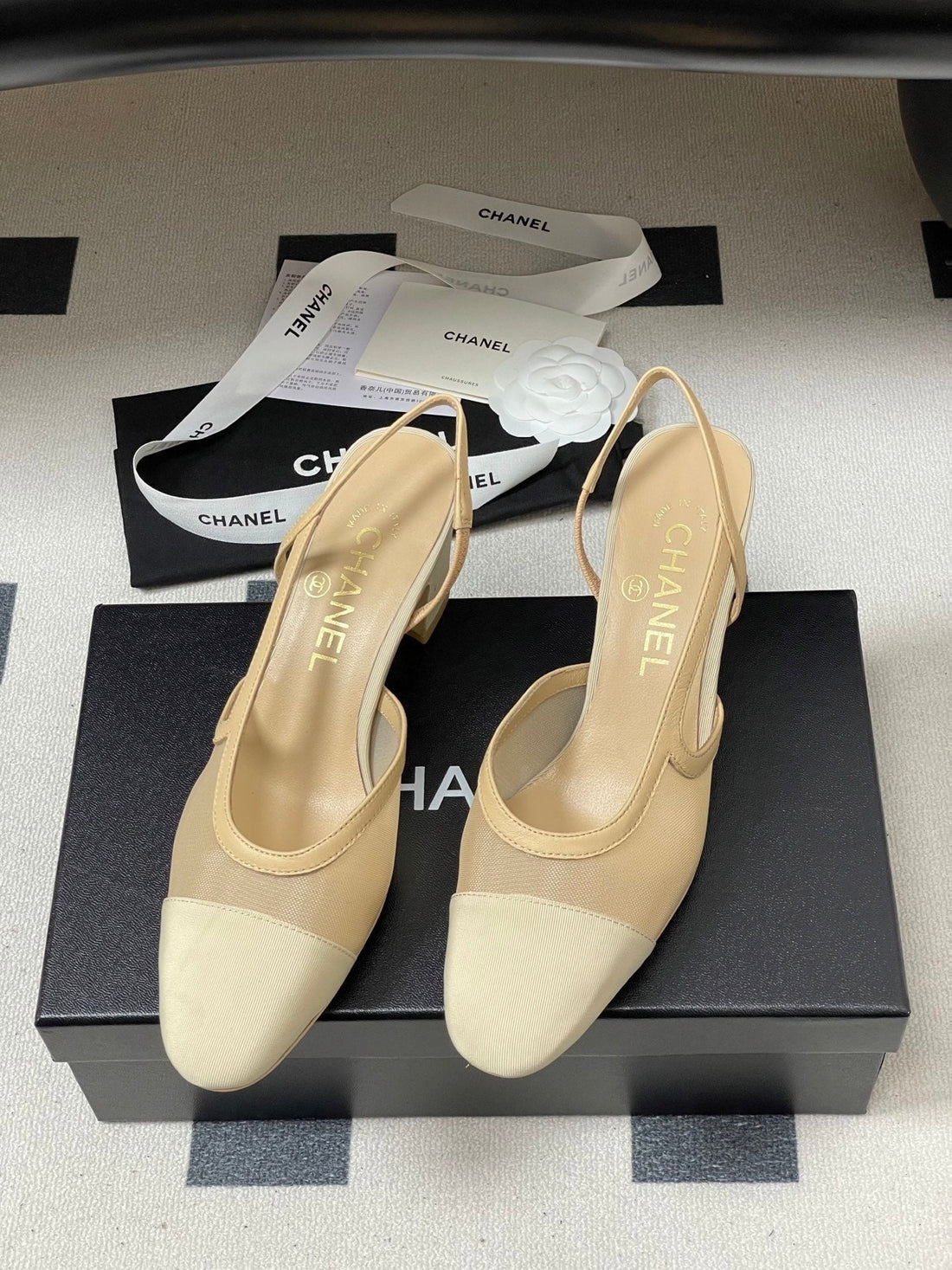CC 26S Slingback 65 Beige Mesh Fabric Sheepskin 649444