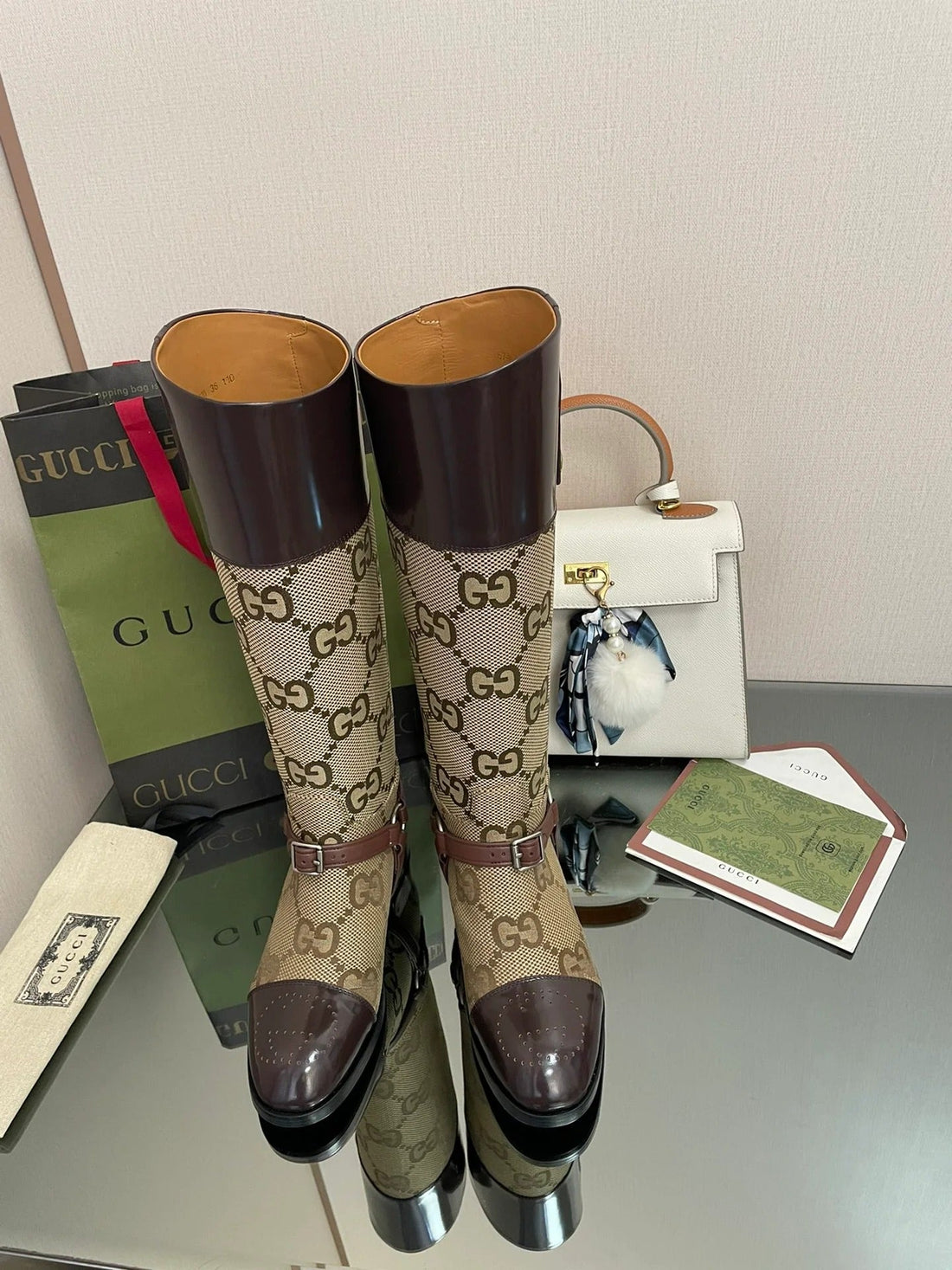 Gucci 2026 Boot Brown Mix Beige Canvas Leather 911944