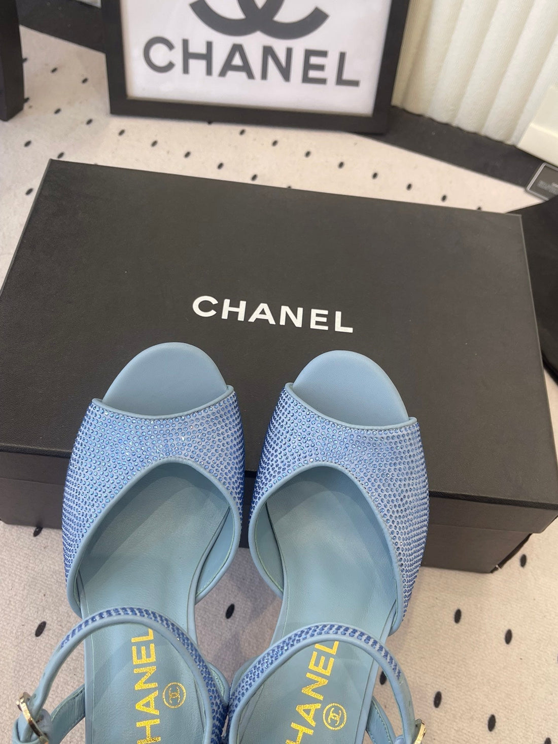 CC 26 Rhinestone Sandal 75MM Blue Lambskin 611732