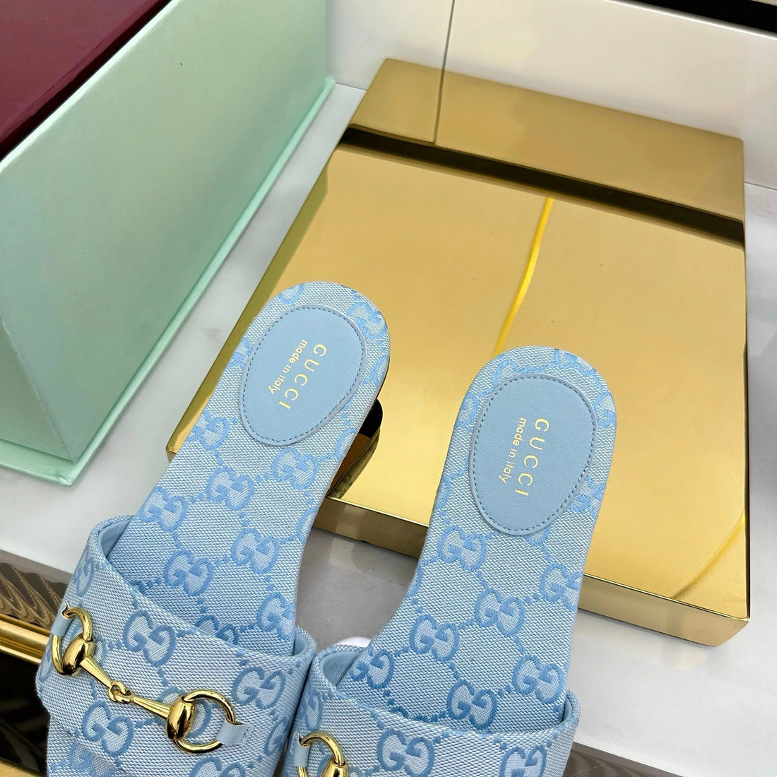 GG Slides In Blue With Gold Hardware