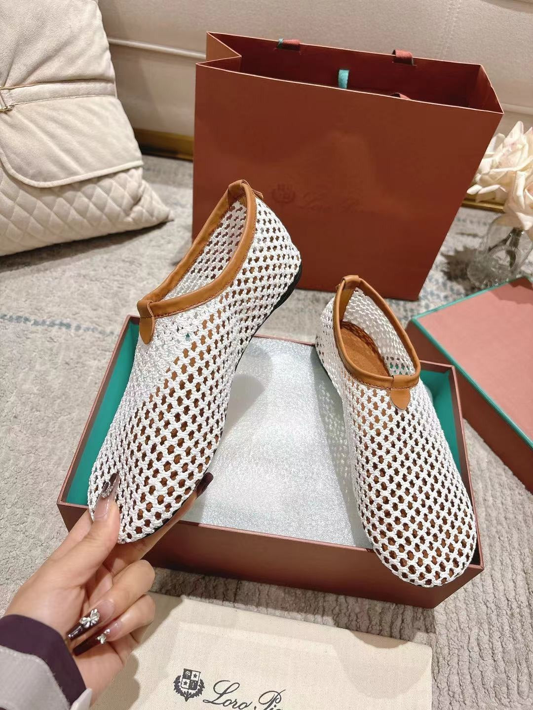 Flat Shoes In White Mesh Fabric