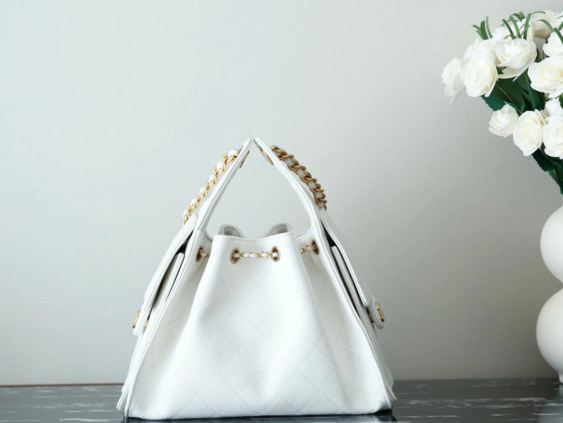 Chanel 25S Hobo Bag 30 Cm In White Lambskin With Gold Hardware