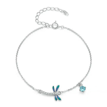 Silver Green And Blue Enamel Dragonfly Bracelet Insect Chain Link For Women