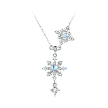 Snowflake Pendant Necklace Heart-Shaped Moonstone Starburst Neck Chain