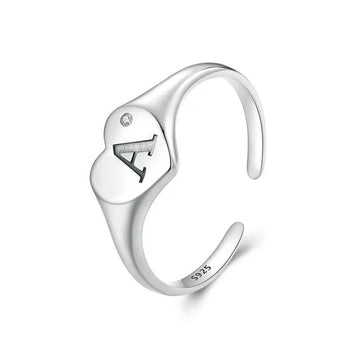 Engraved Initial Letter A Open Ring Heart-Shaped Adjustable Stackable Rings