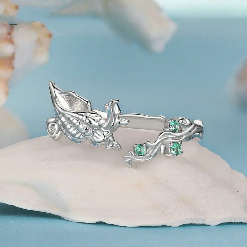 Conch Open Ring Inlaid Green Cz Ocean Series Adjustable Rings