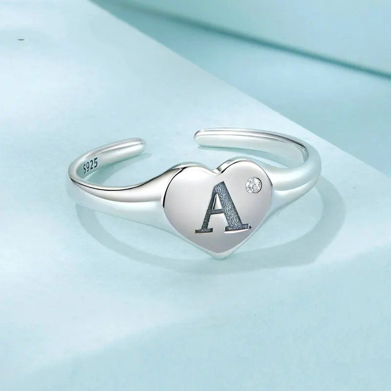 Engraved Initial Letter A Open Ring Heart-Shaped Adjustable Stackable Rings