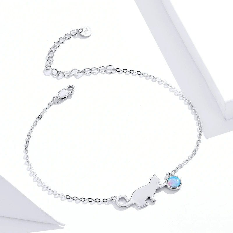 Cute Pussy Cat Opal Link Bracelet For Women