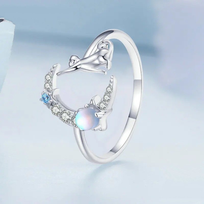 Cat And Moon Cute Animal Opening Ring Moonstone Adjustable Ring