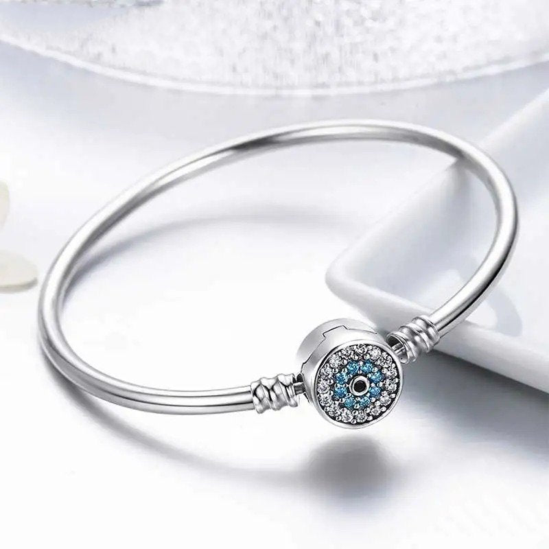 Blue Evil Eye Bangle Demon Eye Charm Bracelet Clear Cz Luxury