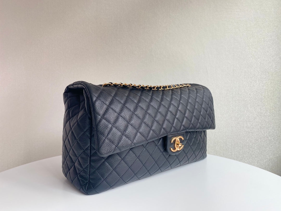 Flap Bag 46CM Gold Hardware Black Calfskin