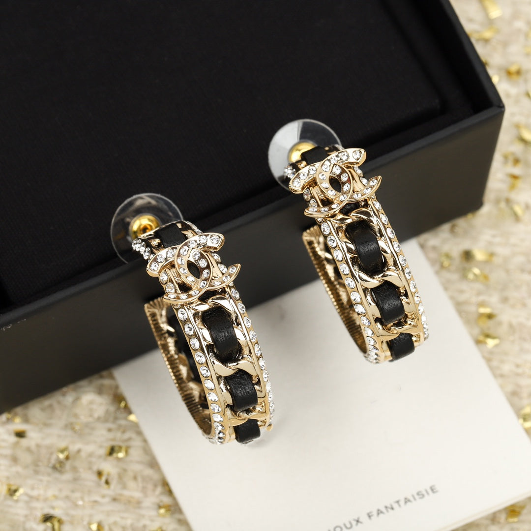 Double C Gold Leather Curved Hook Stud Earrings