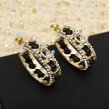 Double C Gold Leather Curved Hook Stud Earrings