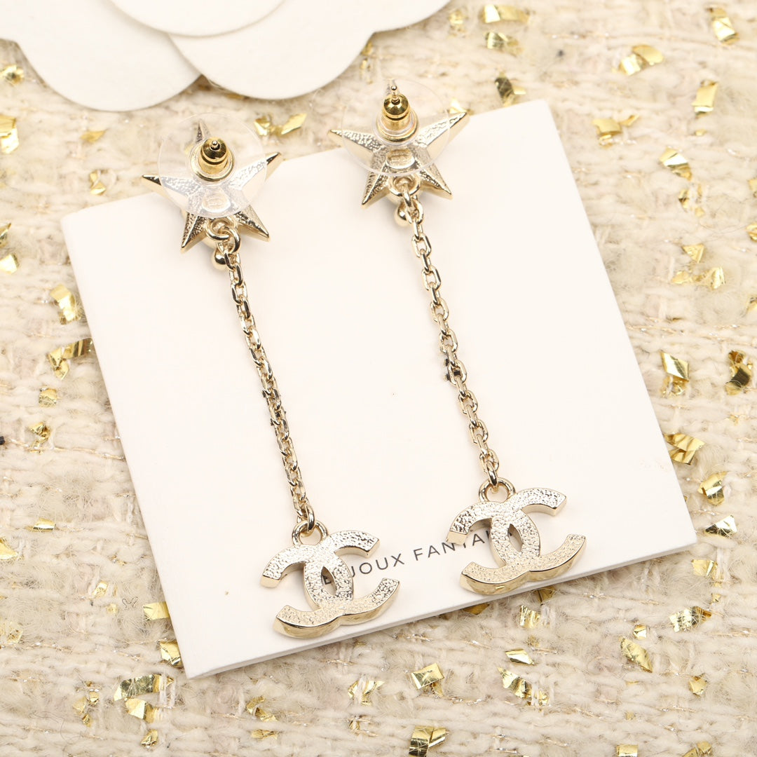 Double C Gold Drop Star Earrings