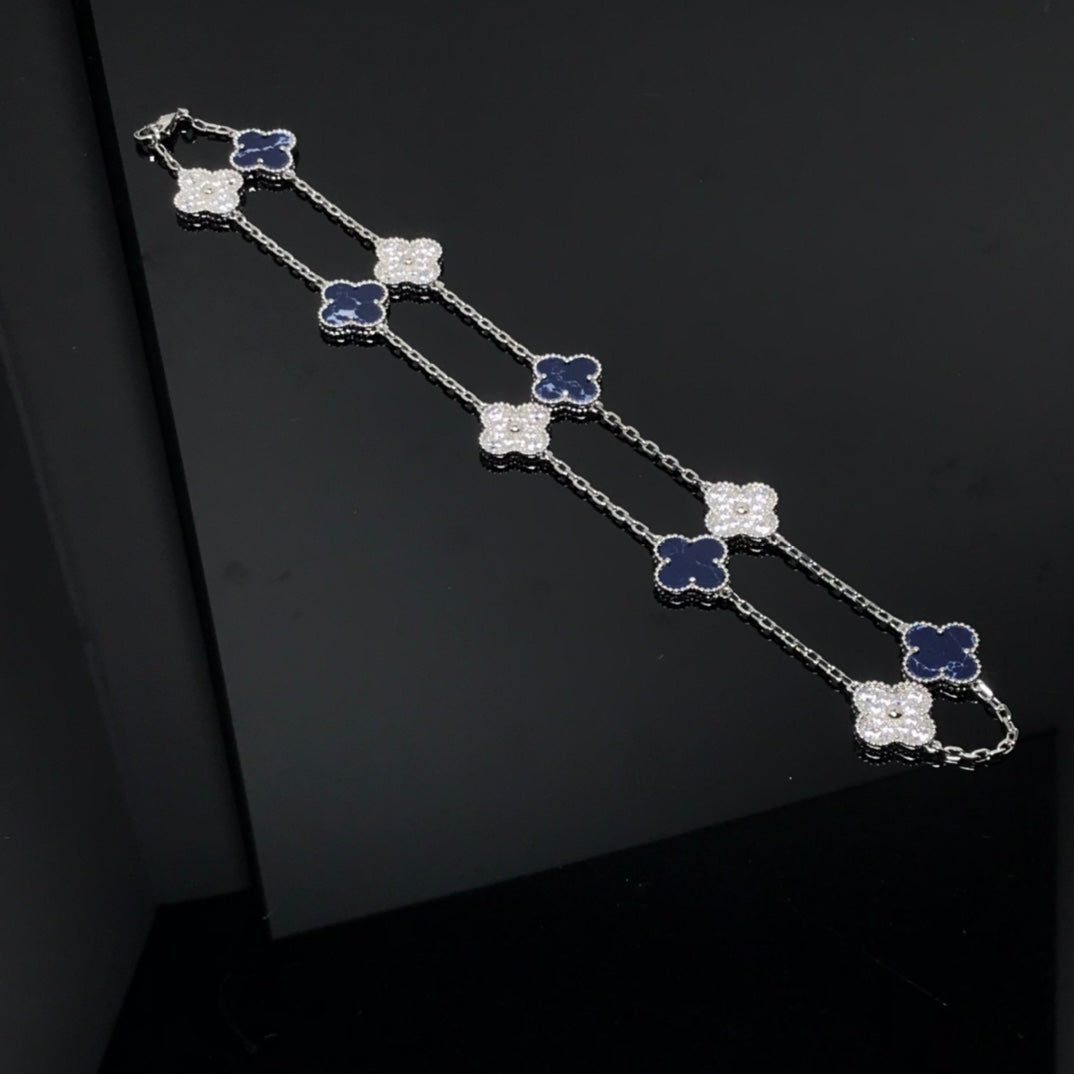 Clover 10 Motif Silver Pietersite Mop Diamond Necklace