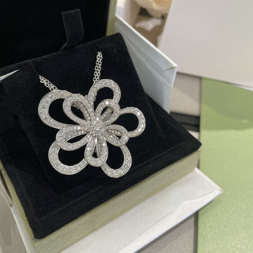 Double Lace Flower Silver Pendant Diamond Necklace