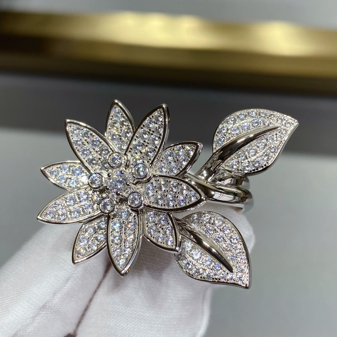 Dual-Purpose Lotus Silver Diamonds Ring