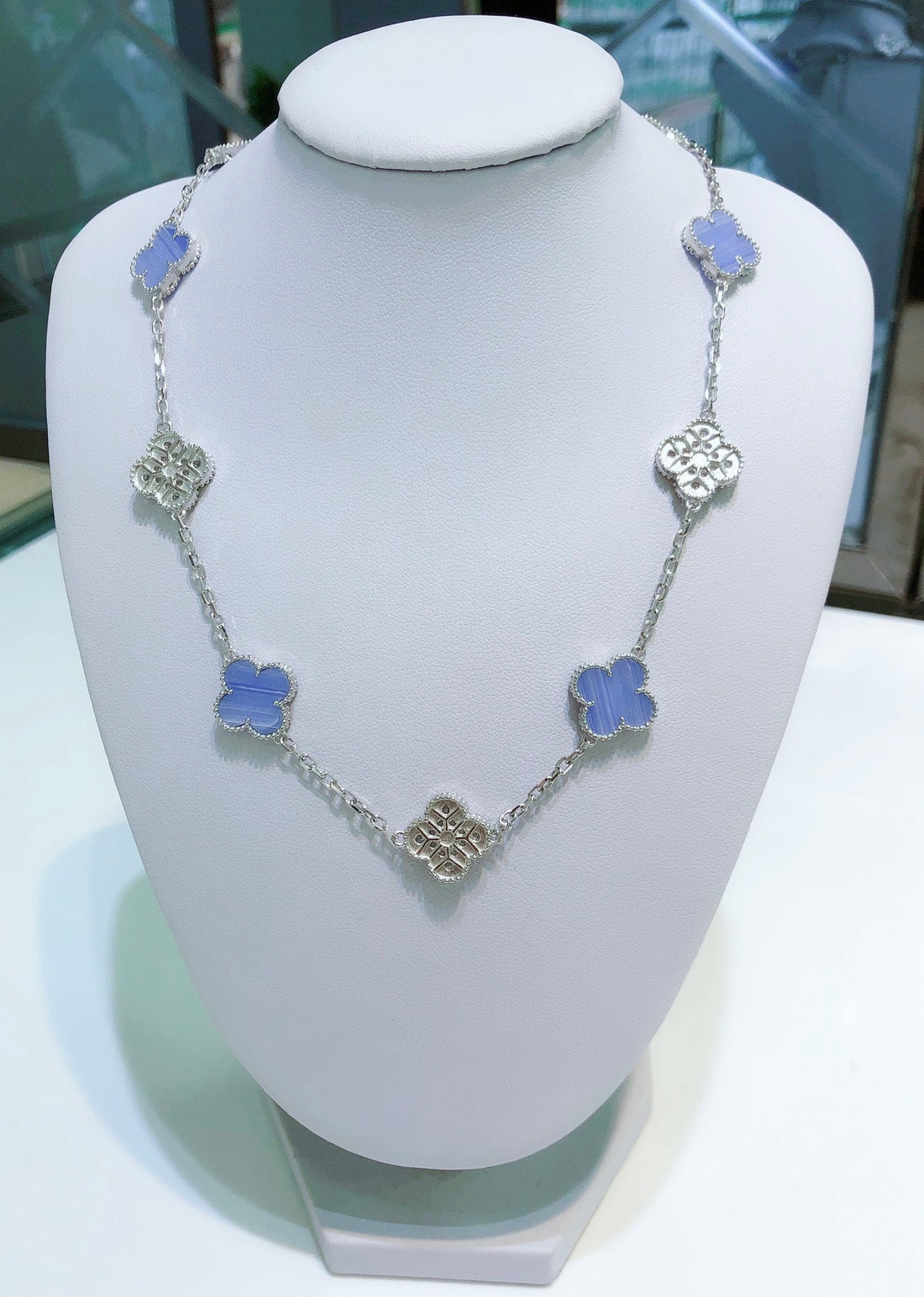 Clover 10 Motifs Chalcedony Diamonds Silver Necklace