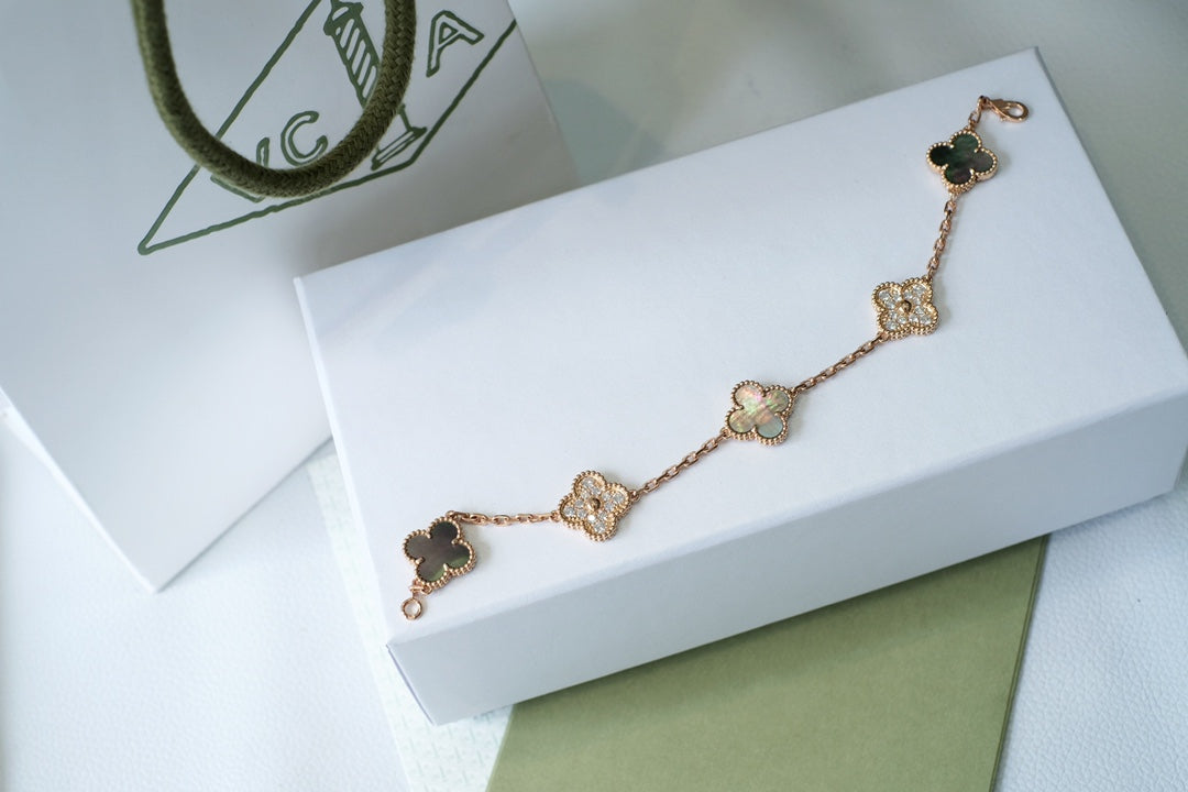 Clover 5 Motifs Dark Mop And Diamonds Pink Gold Bracelet