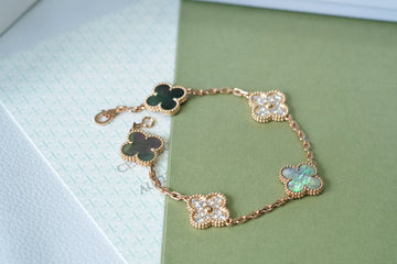 Clover 5 Motifs Dark Mop And Diamonds Pink Gold Bracelet
