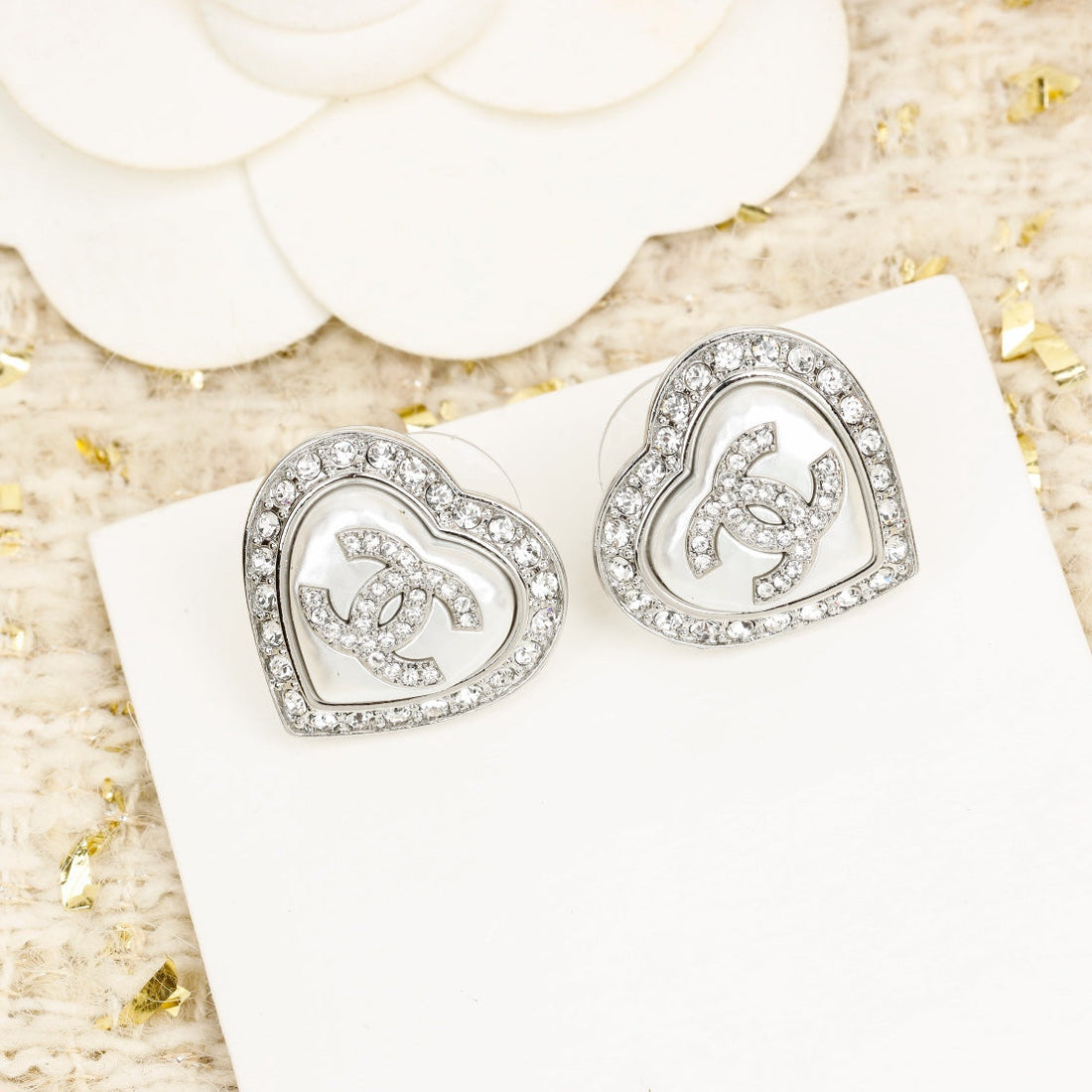 Heart CC Diamonds Around Stud Silver Earrings