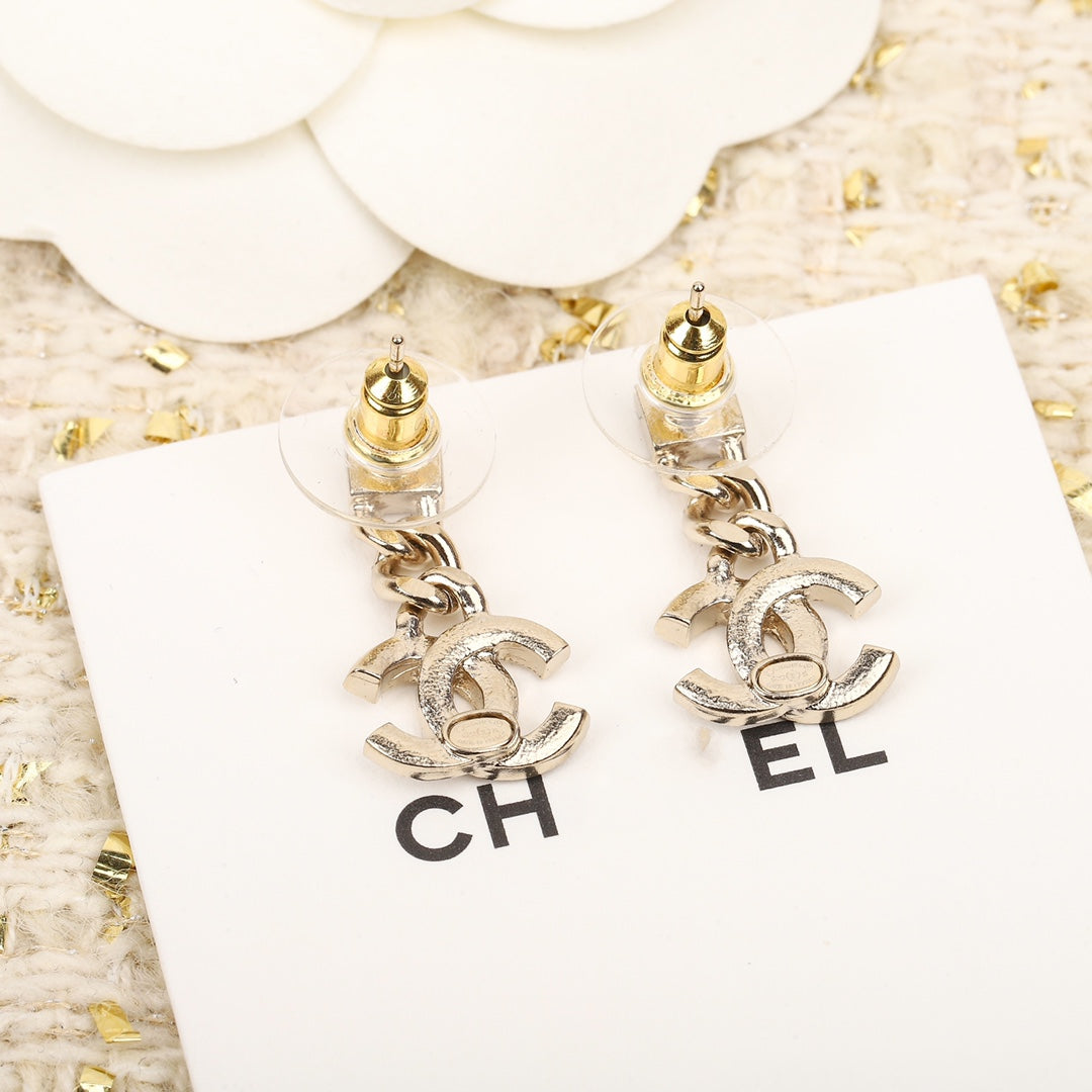 Double C Gold Diamonds Drop Earrings