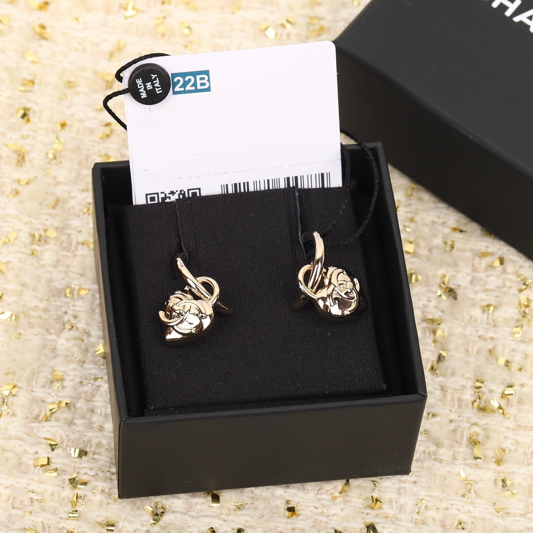 Double C Drop Heart Gold Earrings