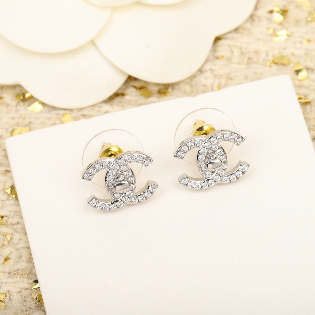 Double C Small Silver Diamond Earrings
