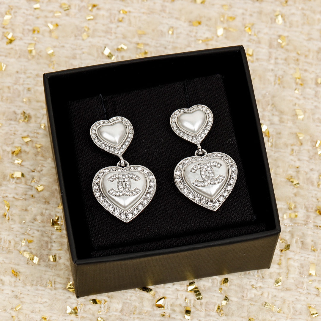 Double Heart CC Diamonds Silver Earrings