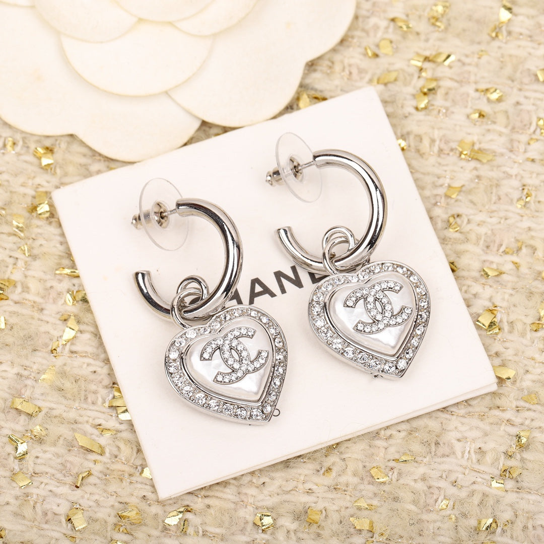 Double C Drop Heart Silver Diamonds Earrings