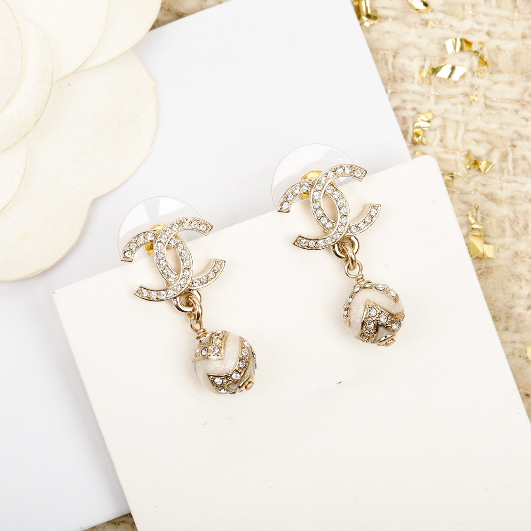 Double C Drop Ball Gold Diamonds Earrings