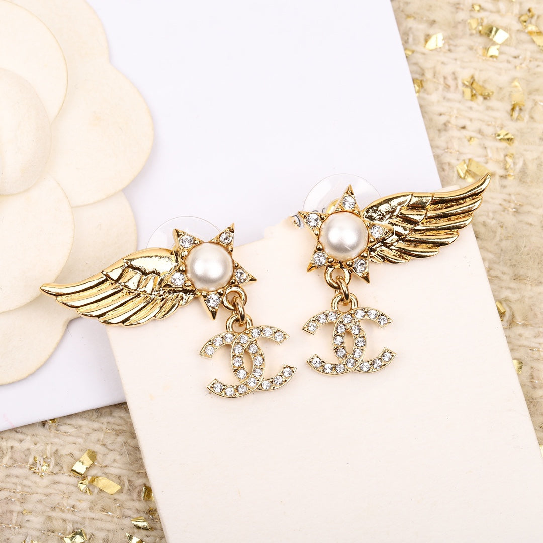 Chane Wing Double C Gold Diamonds Earrings