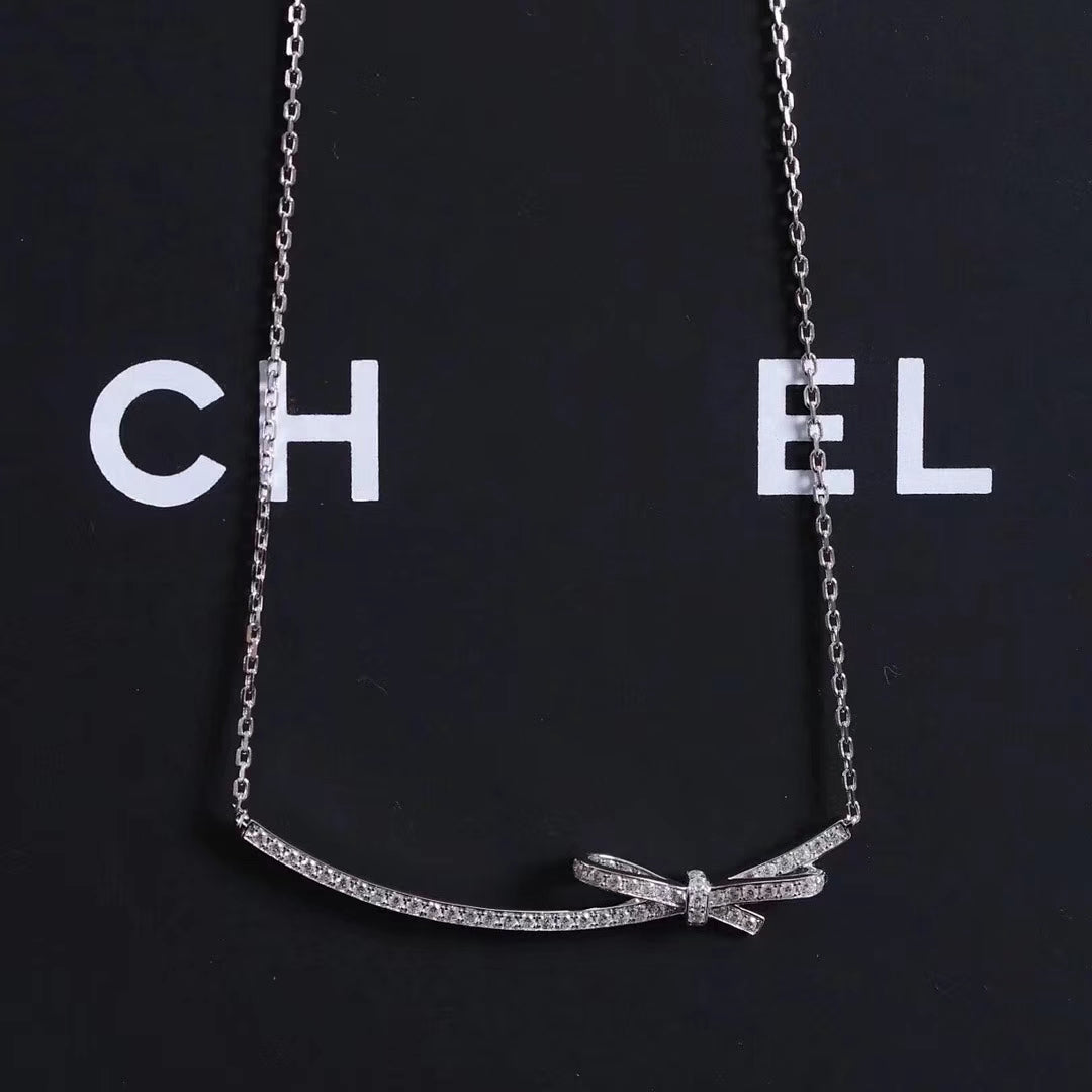 Chane Ruban Bow Silver Diamond Necklace