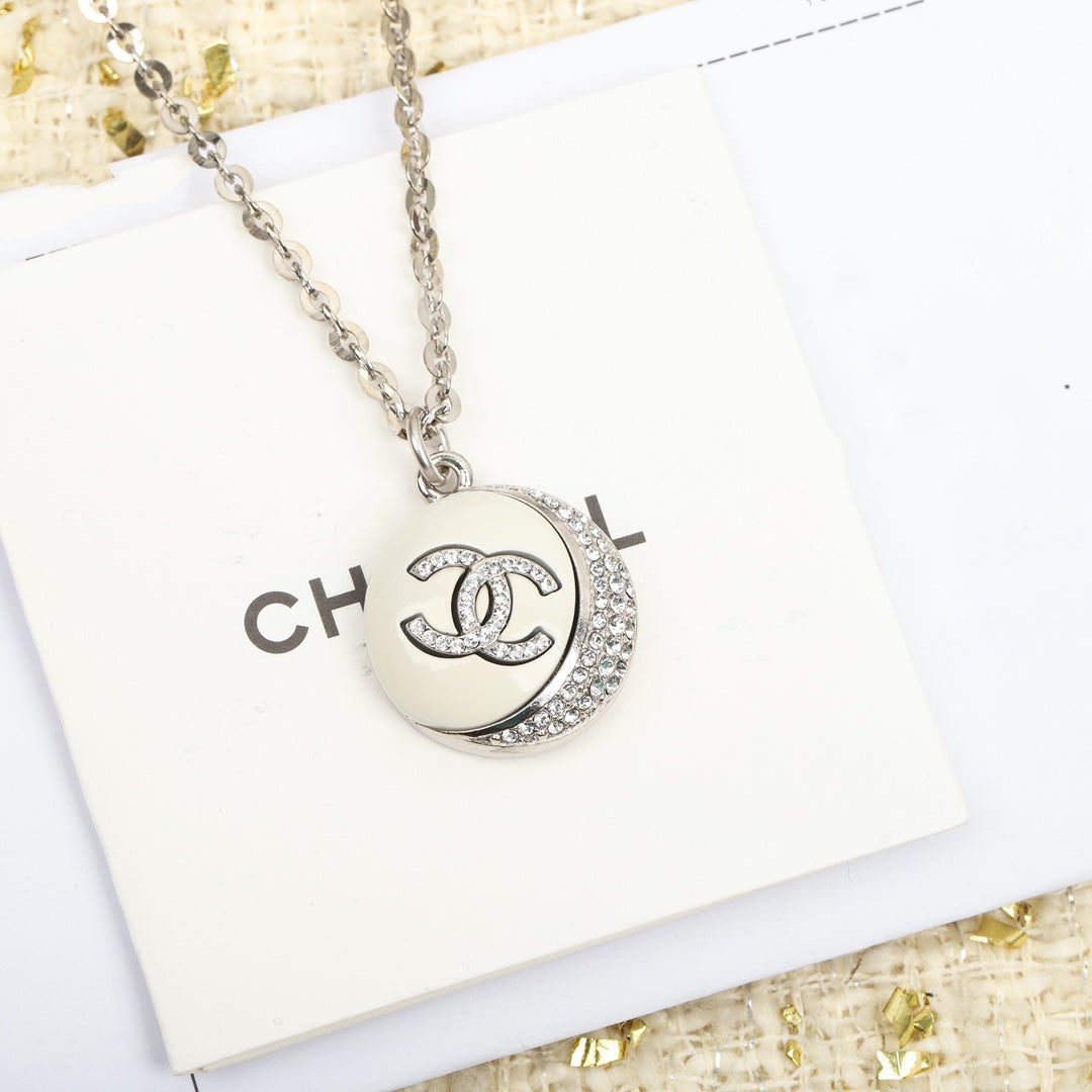 Double C Round Pendant Silver Diamond Necklace