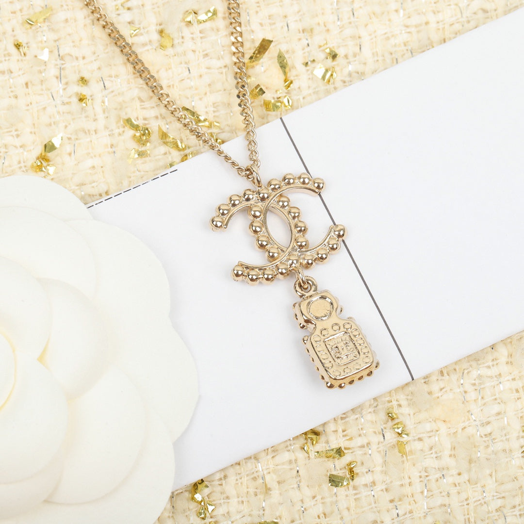 Chane Perfume Bottle Pendant Gold Necklace