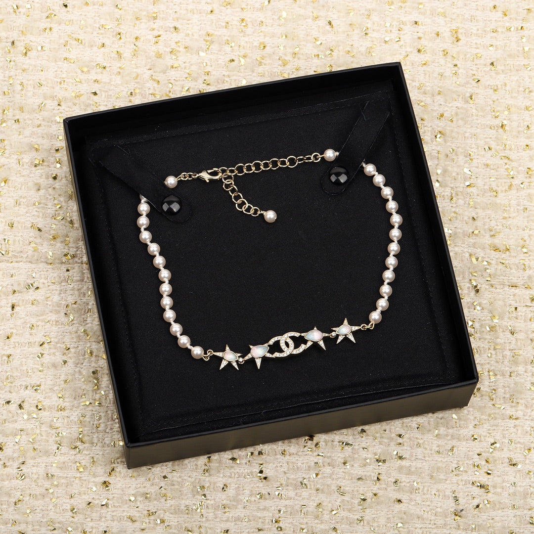 Double C 4 Stars Pearl Gold Necklace