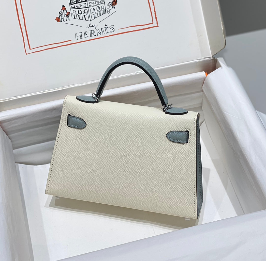 HM Kelly Mini 20 White Glacier Gray Epsom Silver Hardware