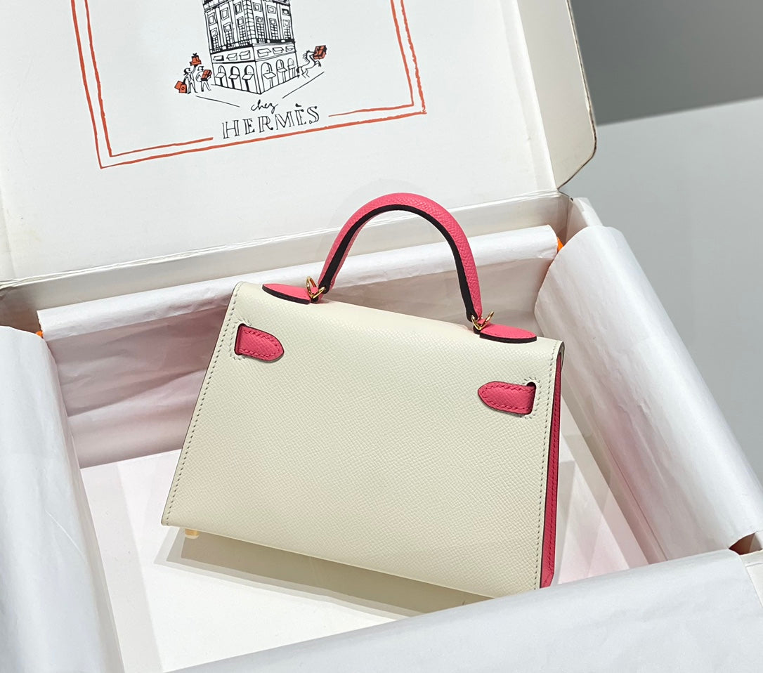 HM Kelly Mini 20 White Pink Epsom Gold Hardware