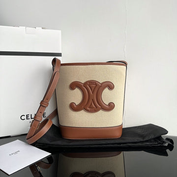 Small Bucket Cuir Triomphe 24CM In Striped Textile And Tan Calfskin