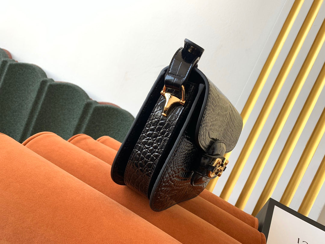 GG 1955 Horsebit Bag 25CM Black Crocodile Leather Gold Hardware