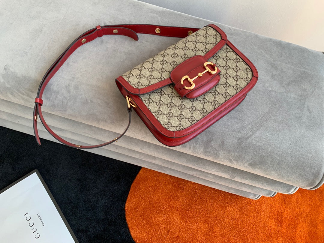 GG 1955 Horsebit Bag 25CM Red Leather Beige Canvas Gold Hardware
