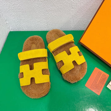 Chypre Sandal Gold Shearling Insole Yellow Velvet Leather Lining