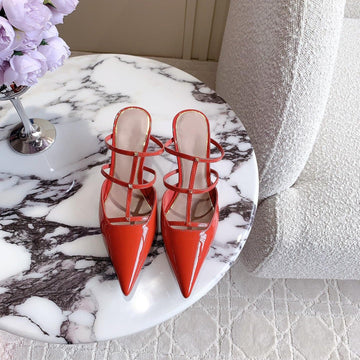 Rockstud Wispy Calfskin Mule 65MM Shiny Red