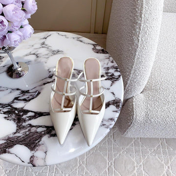Rockstud Wispy Calfskin Mule 65MM Shiny White